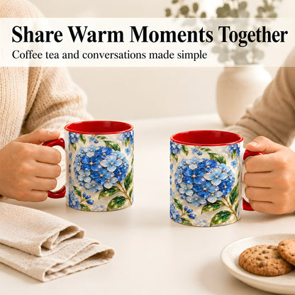 #pl[11oz|Red] Jeweled Blue Hydrangea Coffee Mug, Floral Art Mug, Ceramic Cup