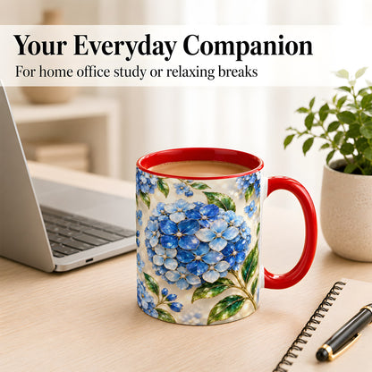 #pl[11oz|Red] Jeweled Blue Hydrangea Coffee Mug, Floral Art Mug, Ceramic Cup