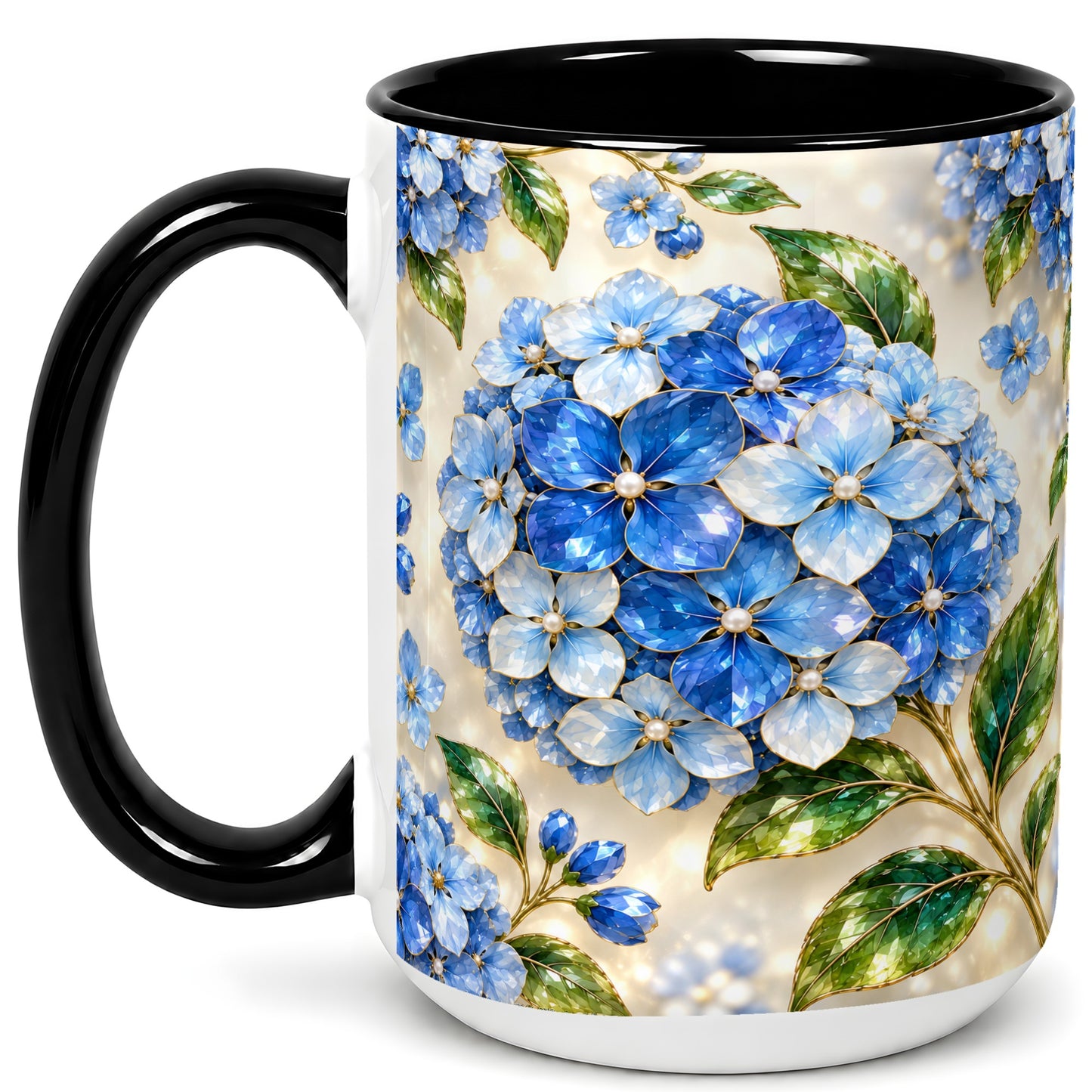 #pl[15oz|Black] Jeweled Blue Hydrangea Coffee Mug, Floral Art Mug, Ceramic Cup