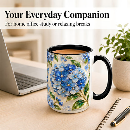 #pl[15oz|Black] Jeweled Blue Hydrangea Coffee Mug, Floral Art Mug, Ceramic Cup