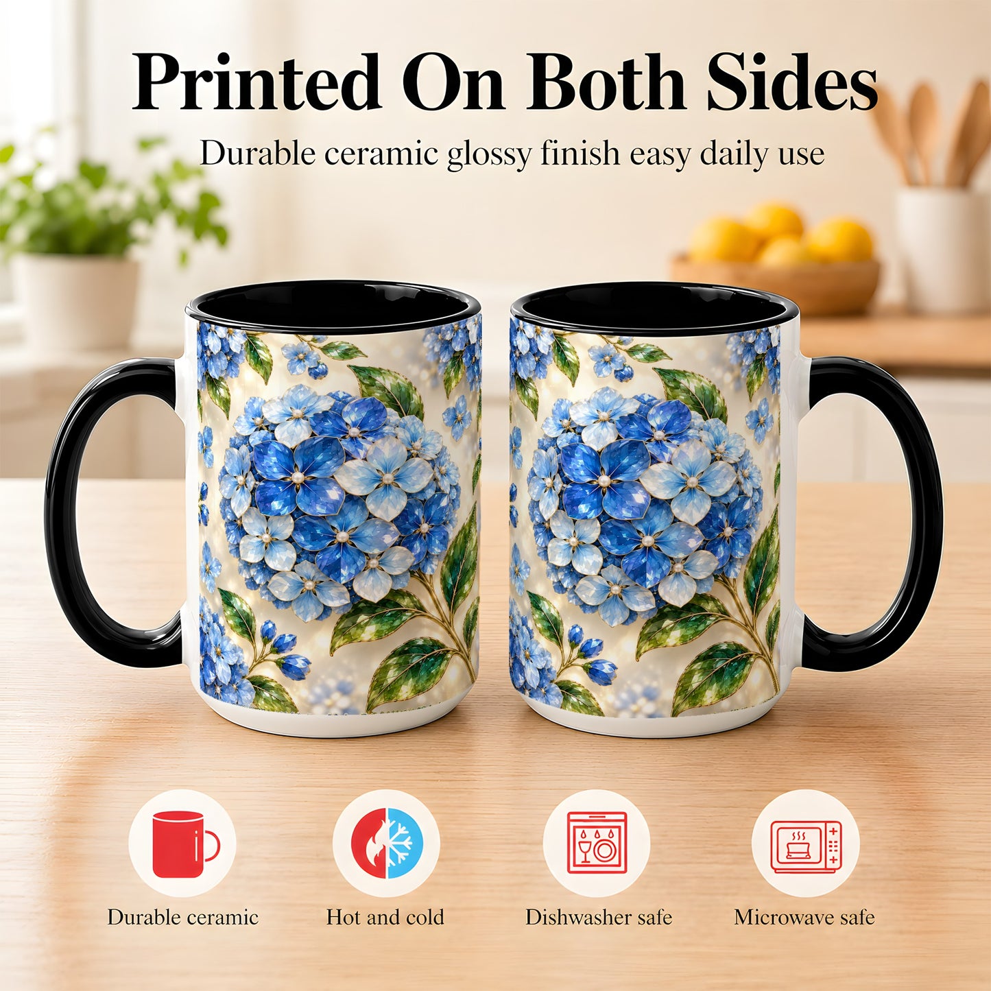 #pl[15oz|Black] Jeweled Blue Hydrangea Coffee Mug, Floral Art Mug, Ceramic Cup
