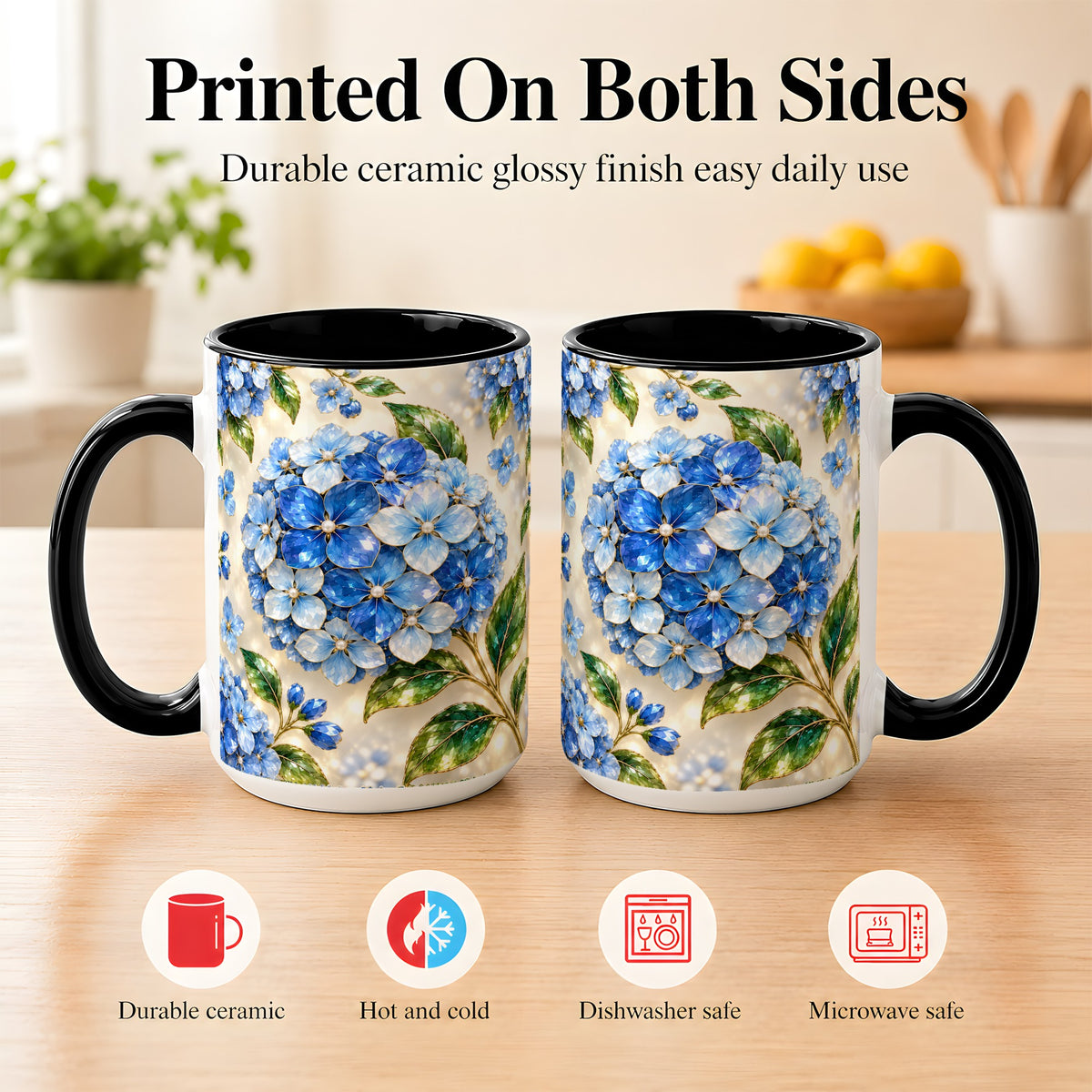 #pl[15oz|Black] Jeweled Blue Hydrangea Coffee Mug, Floral Art Mug, Ceramic Cup