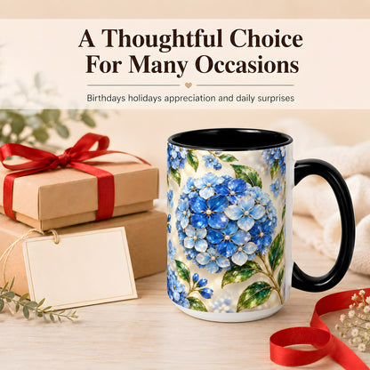 #pl[15oz|Black] Jeweled Blue Hydrangea Coffee Mug, Floral Art Mug, Ceramic Cup
