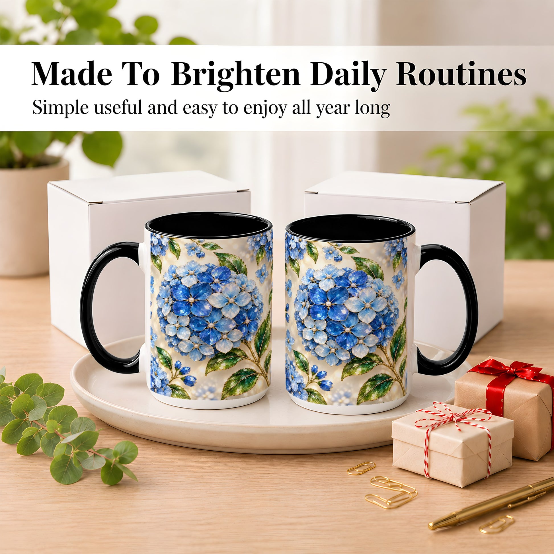 #pl[15oz|Black] Jeweled Blue Hydrangea Coffee Mug, Floral Art Mug, Ceramic Cup