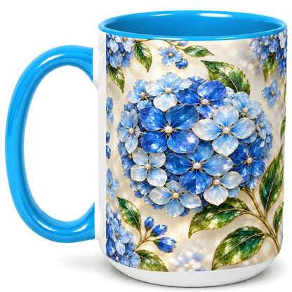 #pl[15oz|Blue] Jeweled Blue Hydrangea Coffee Mug, Floral Art Mug, Ceramic Cup
