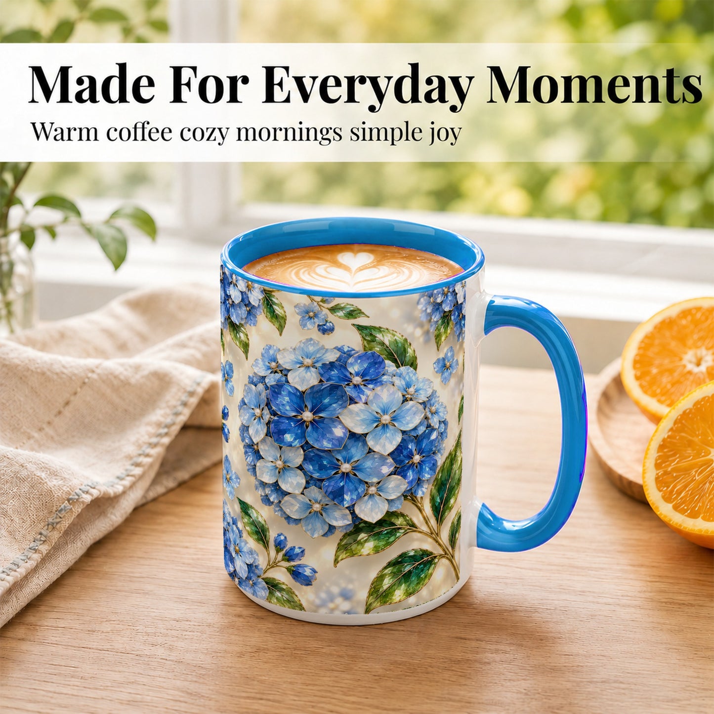 #pl[15oz|Blue] Jeweled Blue Hydrangea Coffee Mug, Floral Art Mug, Ceramic Cup