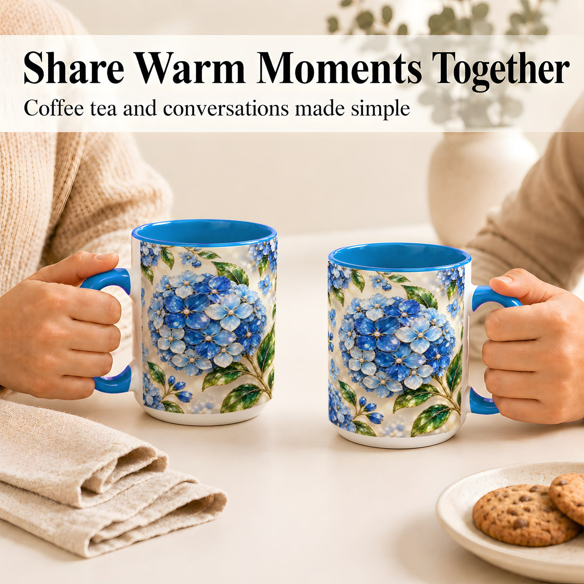 #pl[15oz|Blue] Jeweled Blue Hydrangea Coffee Mug, Floral Art Mug, Ceramic Cup