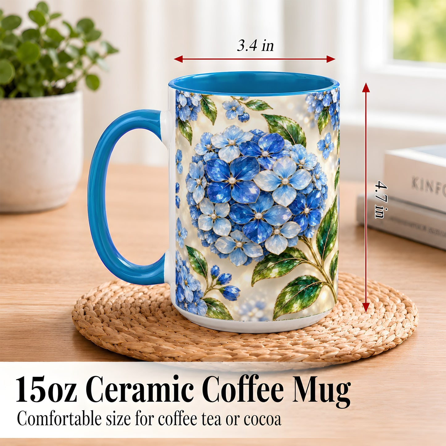 #pl[15oz|Blue] Jeweled Blue Hydrangea Coffee Mug, Floral Art Mug, Ceramic Cup