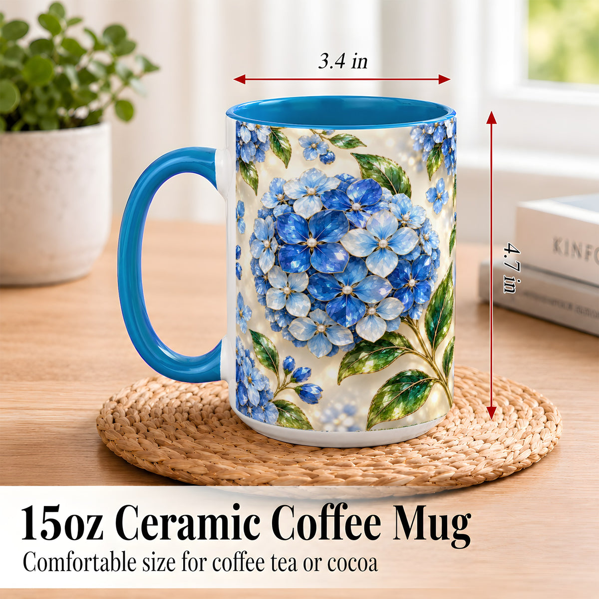 #pl[15oz|Blue] Jeweled Blue Hydrangea Coffee Mug, Floral Art Mug, Ceramic Cup