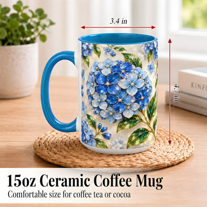 #pl[15oz|Blue] Jeweled Blue Hydrangea Coffee Mug, Floral Art Mug, Ceramic Cup