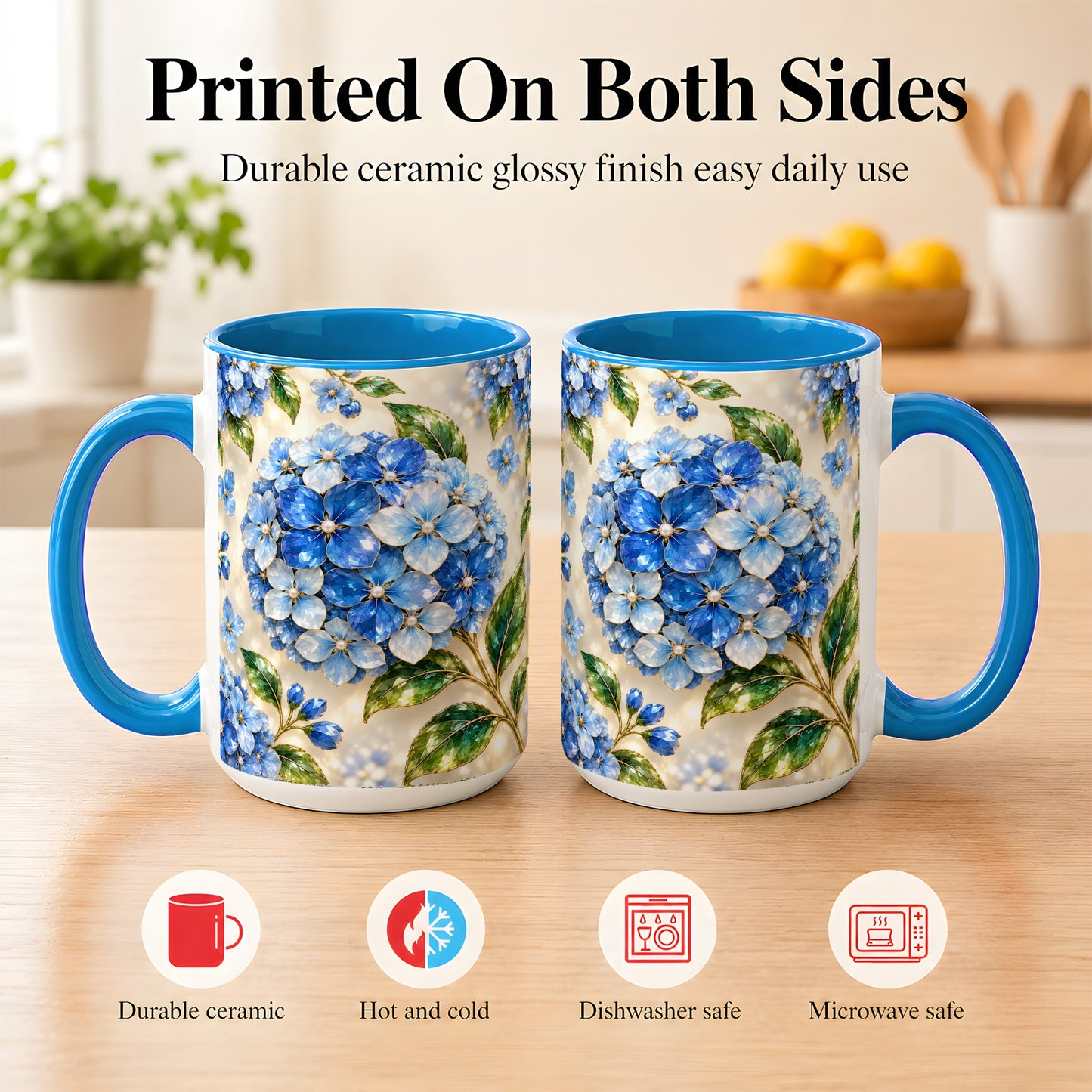 #pl[15oz|Blue] Jeweled Blue Hydrangea Coffee Mug, Floral Art Mug, Ceramic Cup