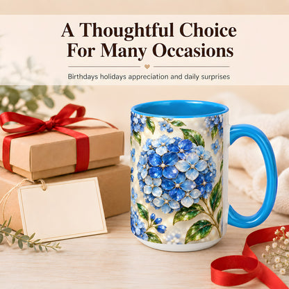 #pl[15oz|Blue] Jeweled Blue Hydrangea Coffee Mug, Floral Art Mug, Ceramic Cup