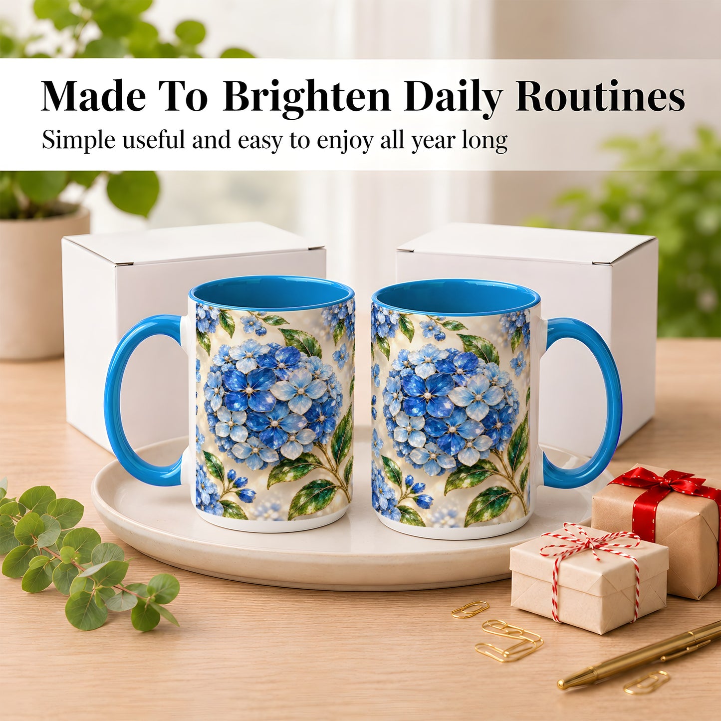 #pl[15oz|Blue] Jeweled Blue Hydrangea Coffee Mug, Floral Art Mug, Ceramic Cup