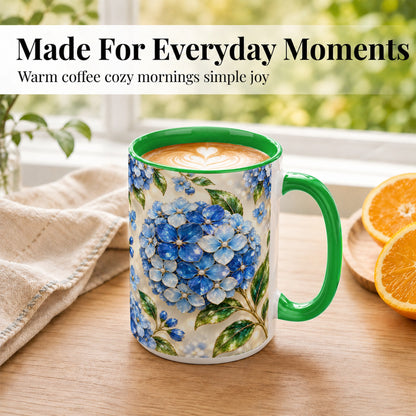 #pl[15oz|Green] Jeweled Blue Hydrangea Coffee Mug, Floral Art Mug, Ceramic Cup
