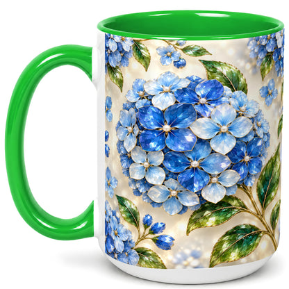 #pl[15oz|Green] Jeweled Blue Hydrangea Coffee Mug, Floral Art Mug, Ceramic Cup