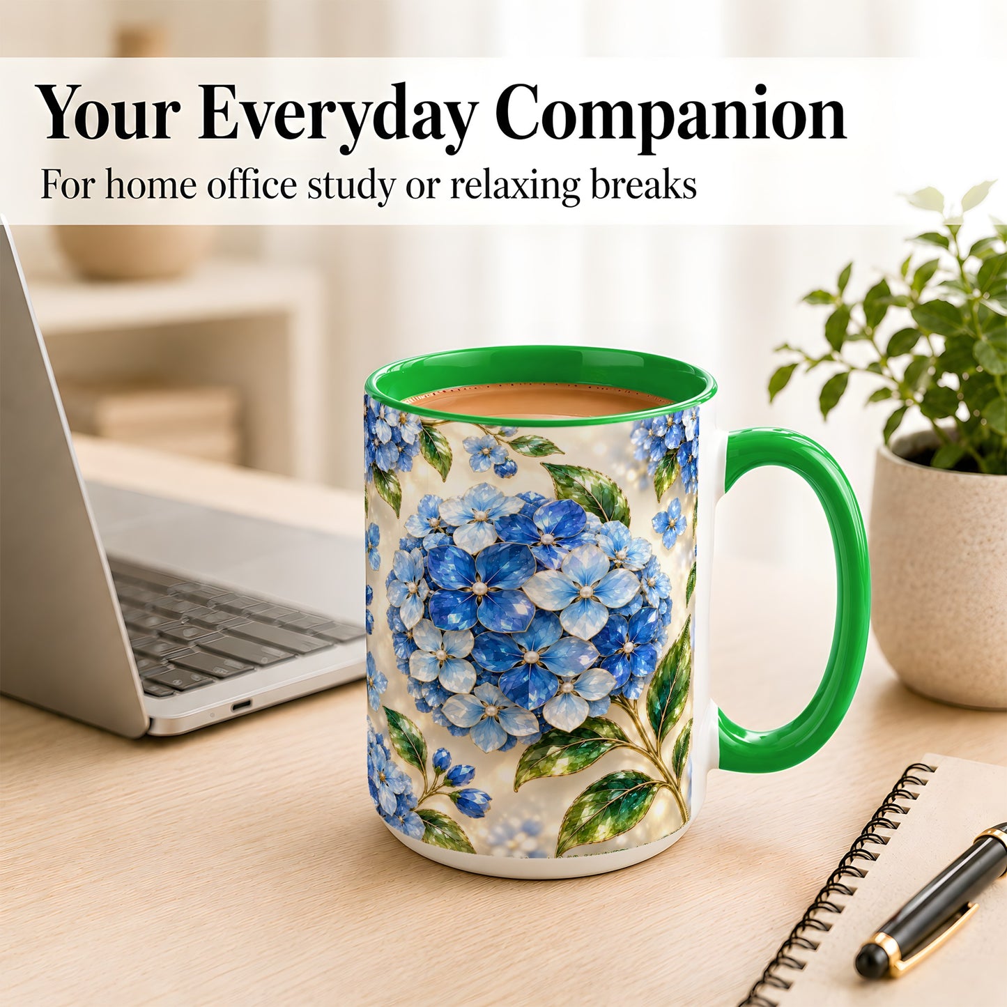#pl[15oz|Green] Jeweled Blue Hydrangea Coffee Mug, Floral Art Mug, Ceramic Cup