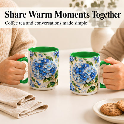 #pl[15oz|Green] Jeweled Blue Hydrangea Coffee Mug, Floral Art Mug, Ceramic Cup