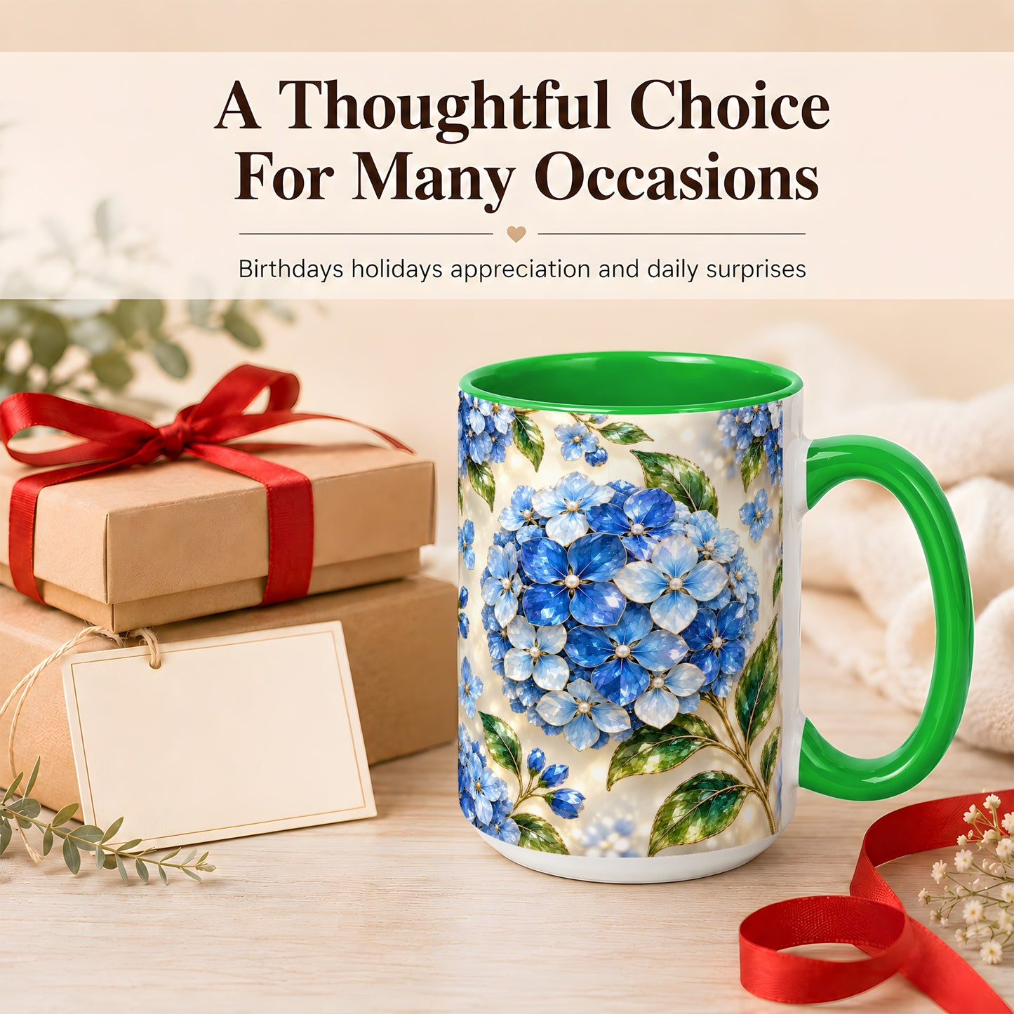 #pl[15oz|Green] Jeweled Blue Hydrangea Coffee Mug, Floral Art Mug, Ceramic Cup