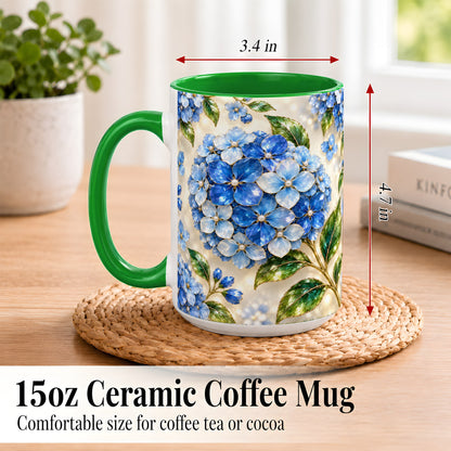 #pl[15oz|Green] Jeweled Blue Hydrangea Coffee Mug, Floral Art Mug, Ceramic Cup