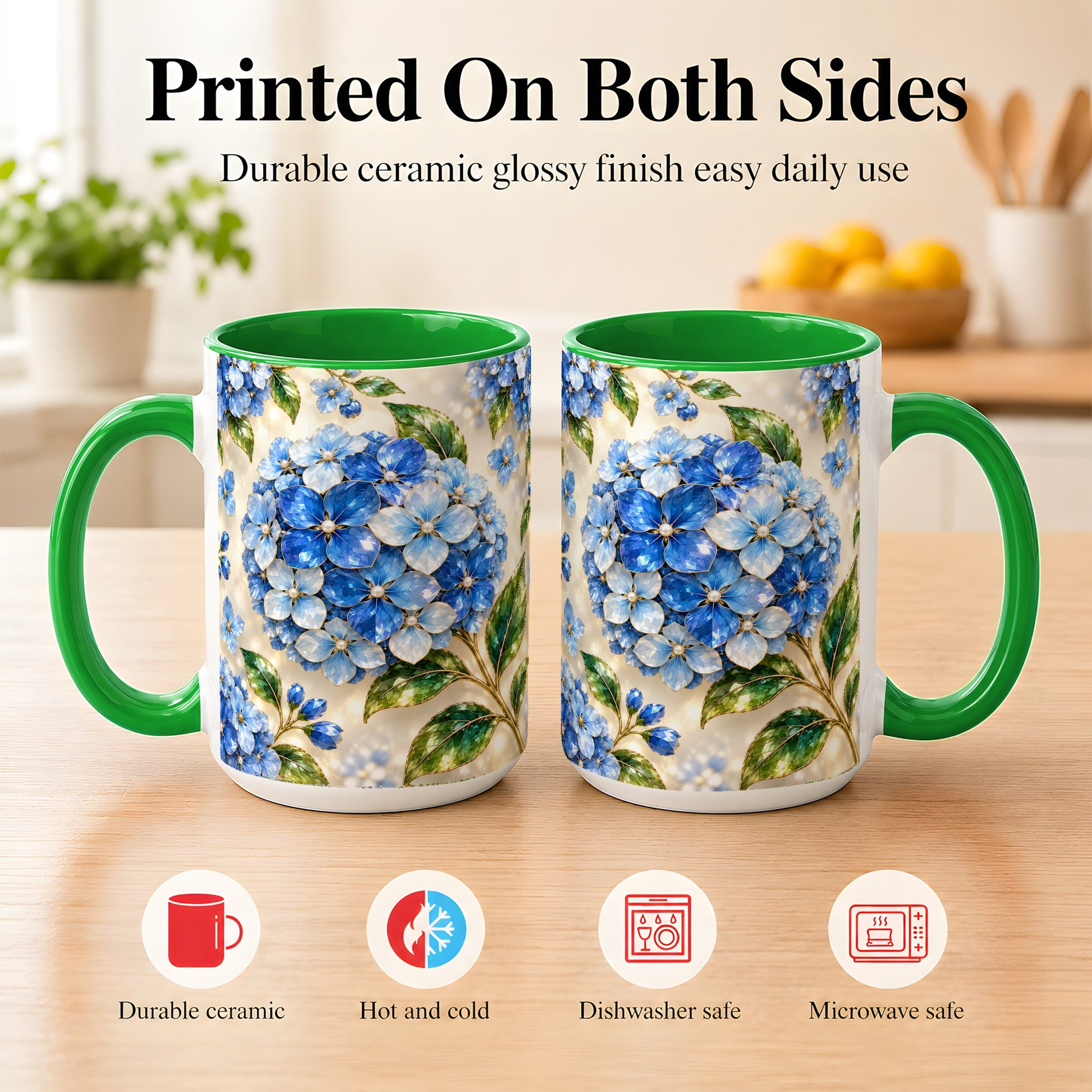#pl[15oz|Green] Jeweled Blue Hydrangea Coffee Mug, Floral Art Mug, Ceramic Cup
