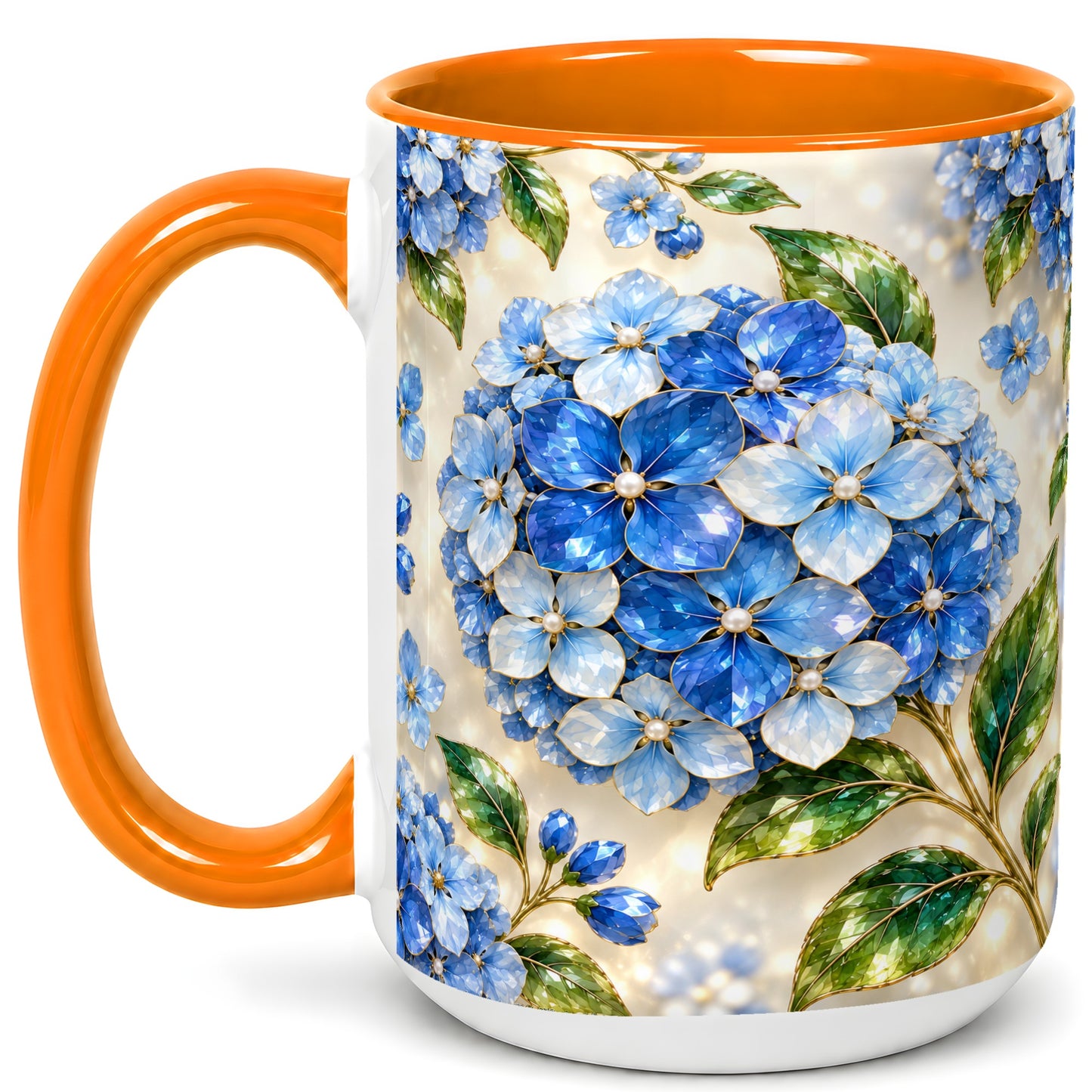 #pl[15oz|Orange] Jeweled Blue Hydrangea Coffee Mug, Floral Art Mug, Ceramic Cup
