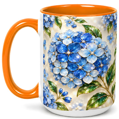 #pl[15oz|Orange] Jeweled Blue Hydrangea Coffee Mug, Floral Art Mug, Ceramic Cup