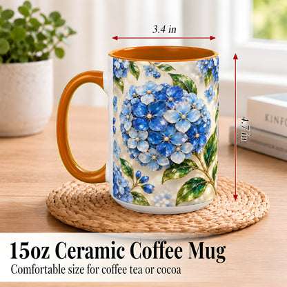 #pl[15oz|Orange] Jeweled Blue Hydrangea Coffee Mug, Floral Art Mug, Ceramic Cup