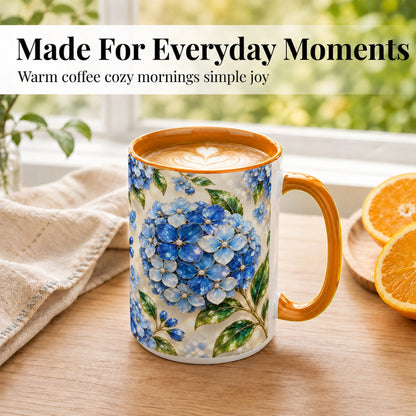 #pl[15oz|Orange] Jeweled Blue Hydrangea Coffee Mug, Floral Art Mug, Ceramic Cup