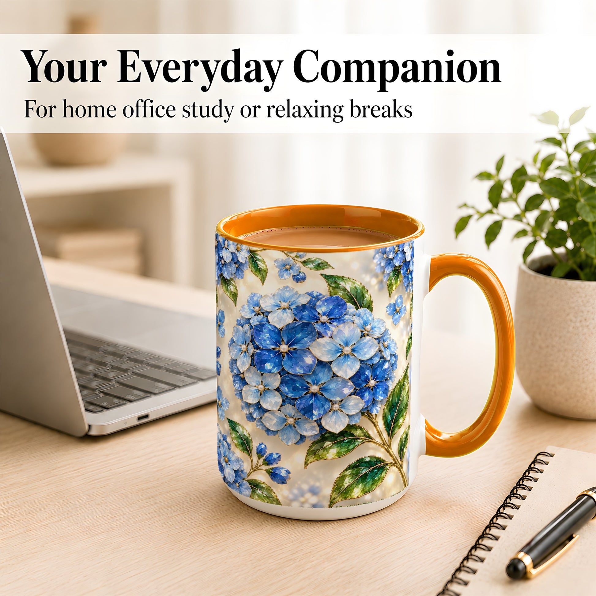 #pl[15oz|Orange] Jeweled Blue Hydrangea Coffee Mug, Floral Art Mug, Ceramic Cup