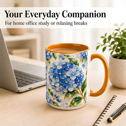 #pl[15oz|Orange] Jeweled Blue Hydrangea Coffee Mug, Floral Art Mug, Ceramic Cup