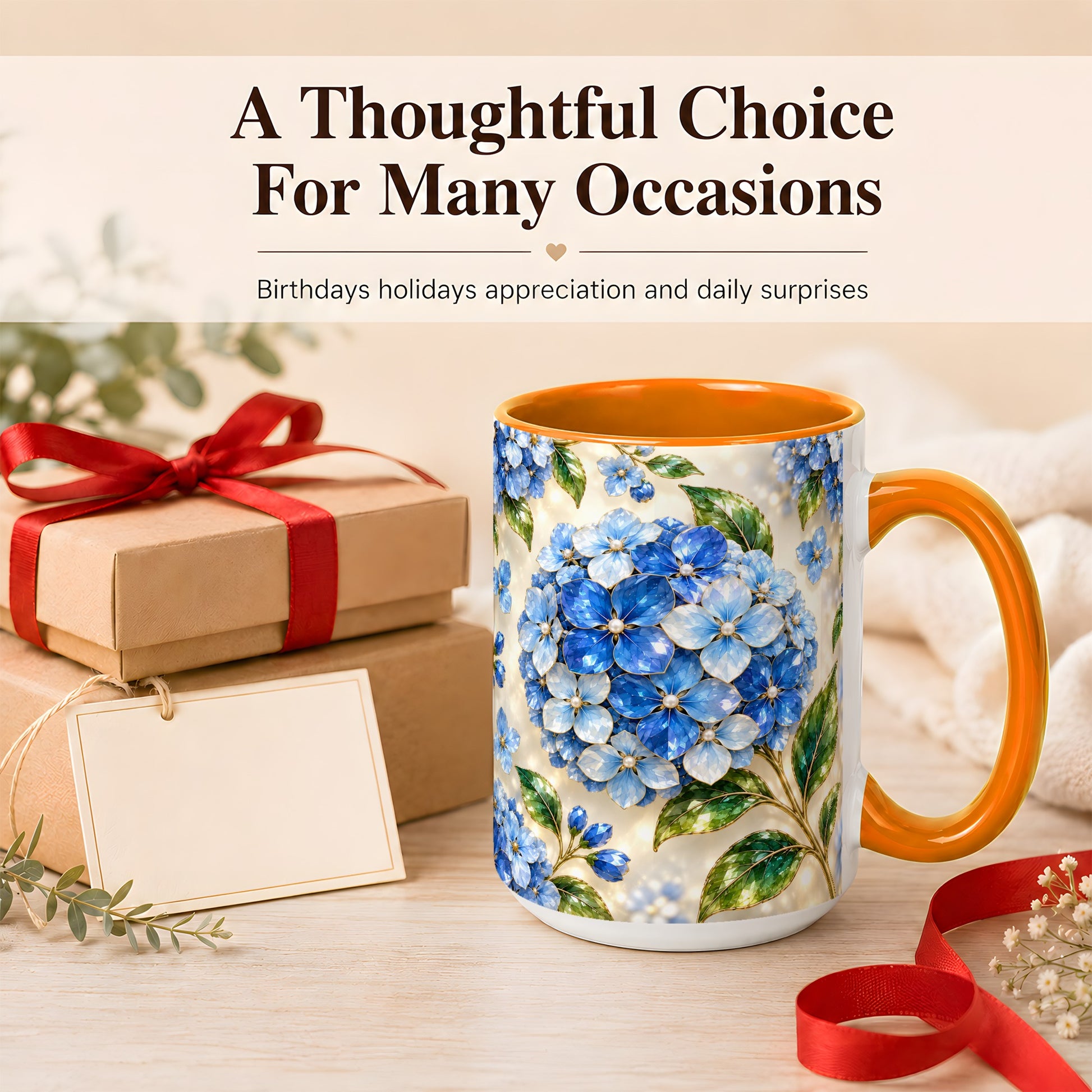 #pl[15oz|Orange] Jeweled Blue Hydrangea Coffee Mug, Floral Art Mug, Ceramic Cup