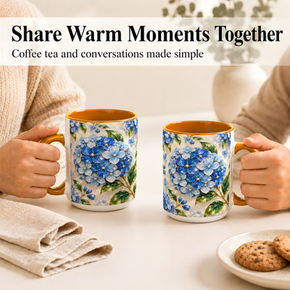 #pl[15oz|Orange] Jeweled Blue Hydrangea Coffee Mug, Floral Art Mug, Ceramic Cup