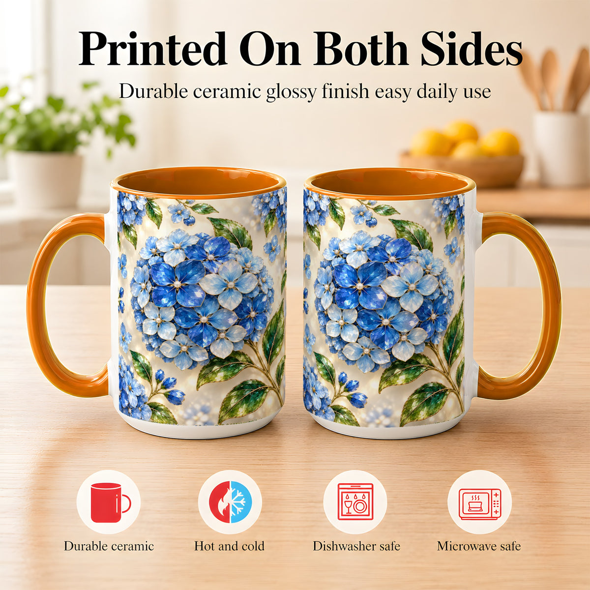 #pl[15oz|Orange] Jeweled Blue Hydrangea Coffee Mug, Floral Art Mug, Ceramic Cup