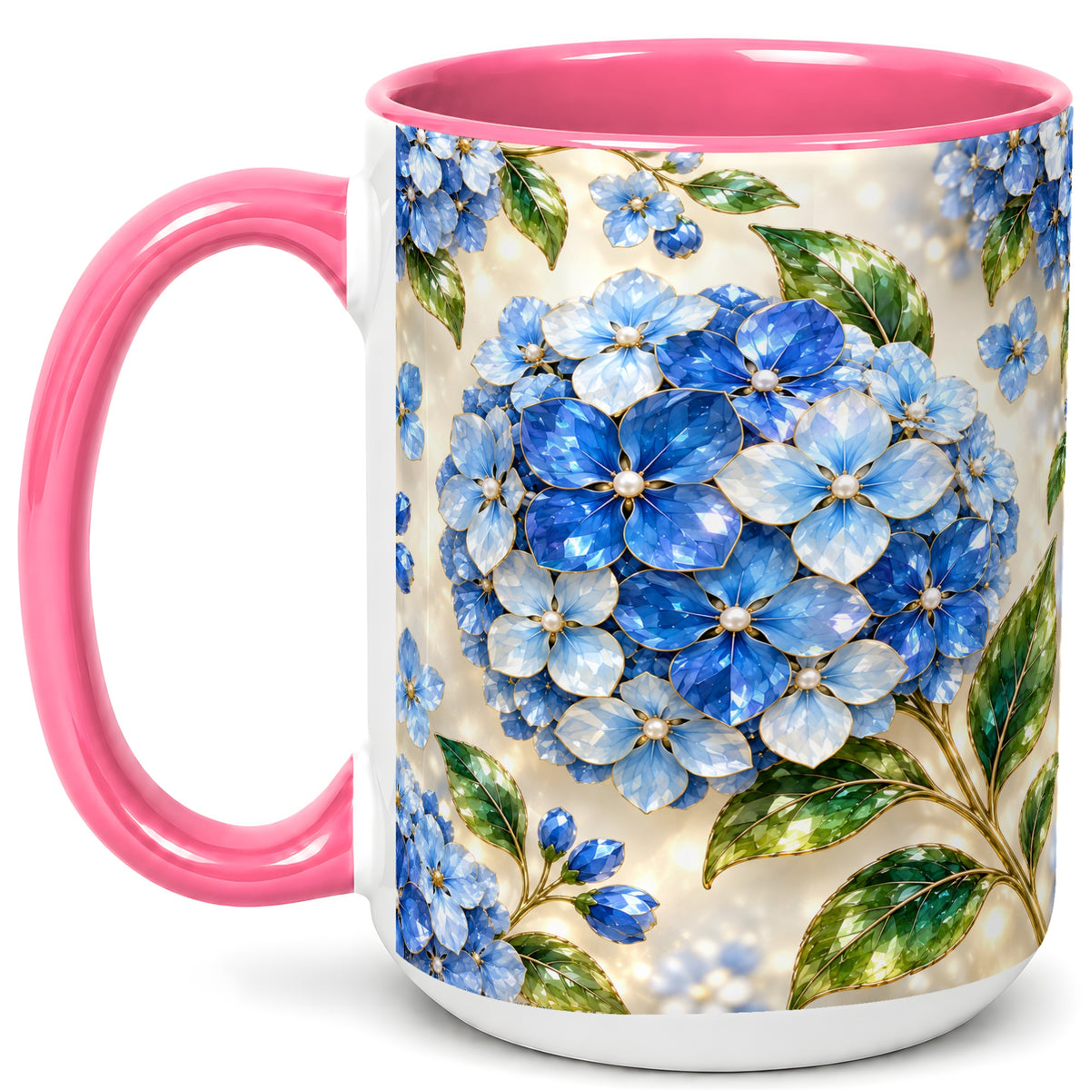 #pl[15oz|Pink] Jeweled Blue Hydrangea Coffee Mug, Floral Art Mug, Ceramic Cup