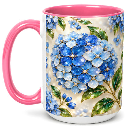 #pl[15oz|Pink] Jeweled Blue Hydrangea Coffee Mug, Floral Art Mug, Ceramic Cup
