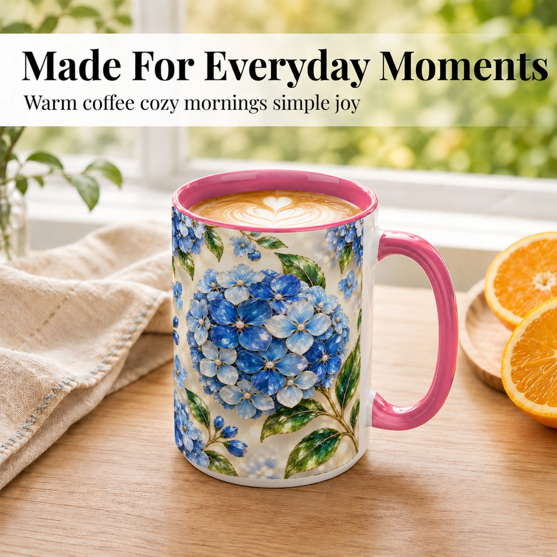#pl[15oz|Pink] Jeweled Blue Hydrangea Coffee Mug, Floral Art Mug, Ceramic Cup