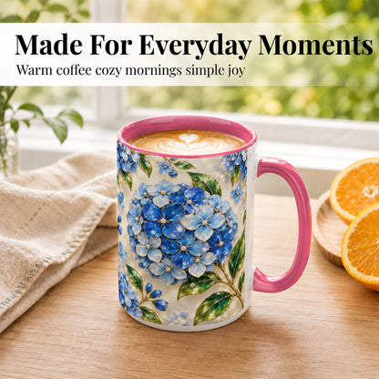 #pl[15oz|Pink] Jeweled Blue Hydrangea Coffee Mug, Floral Art Mug, Ceramic Cup