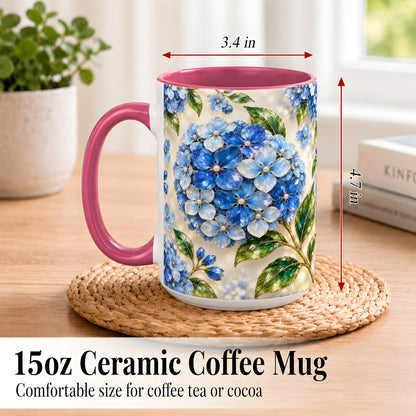 #pl[15oz|Pink] Jeweled Blue Hydrangea Coffee Mug, Floral Art Mug, Ceramic Cup