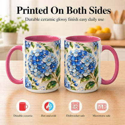 #pl[15oz|Pink] Jeweled Blue Hydrangea Coffee Mug, Floral Art Mug, Ceramic Cup