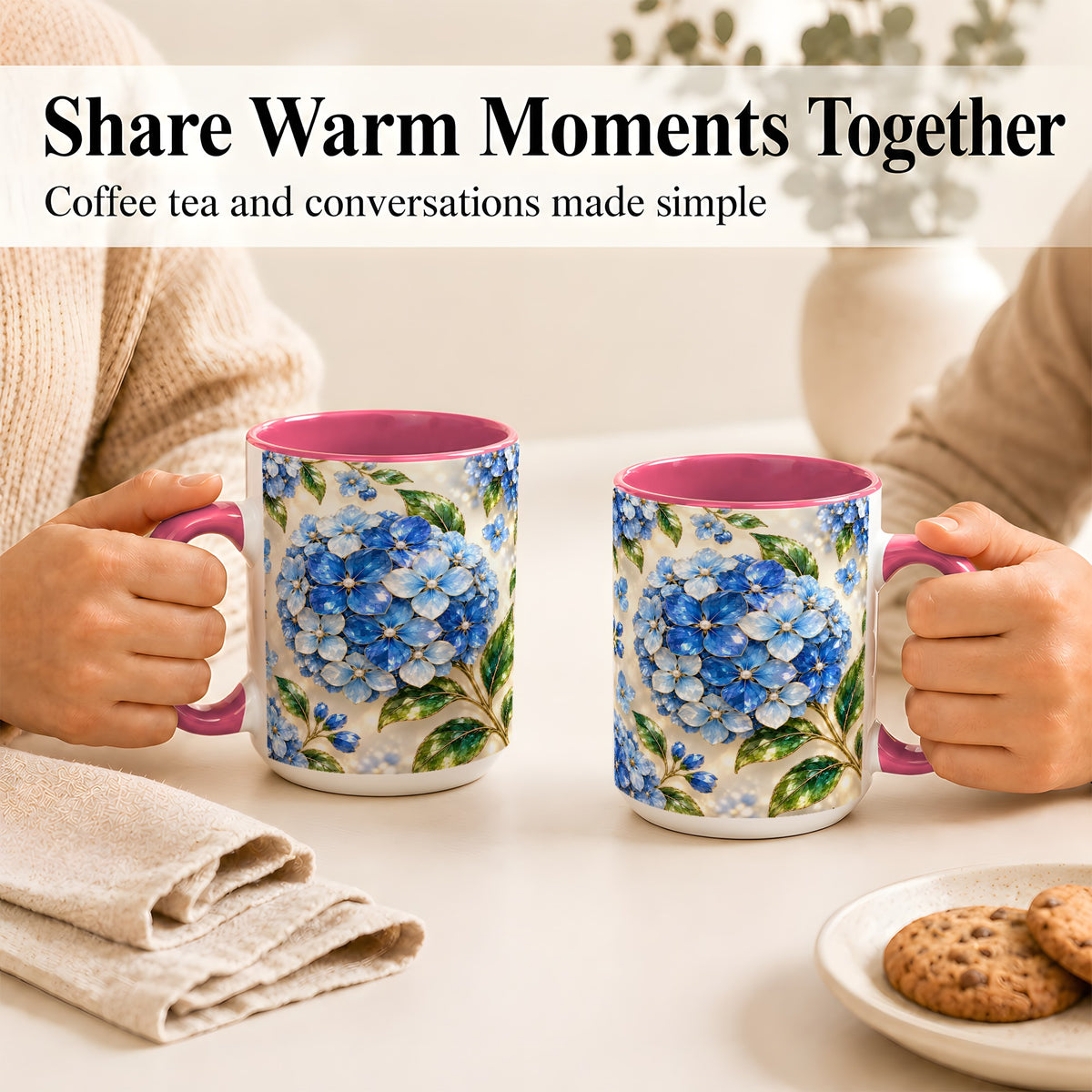 #pl[15oz|Pink] Jeweled Blue Hydrangea Coffee Mug, Floral Art Mug, Ceramic Cup