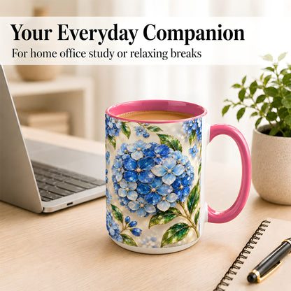 #pl[15oz|Pink] Jeweled Blue Hydrangea Coffee Mug, Floral Art Mug, Ceramic Cup