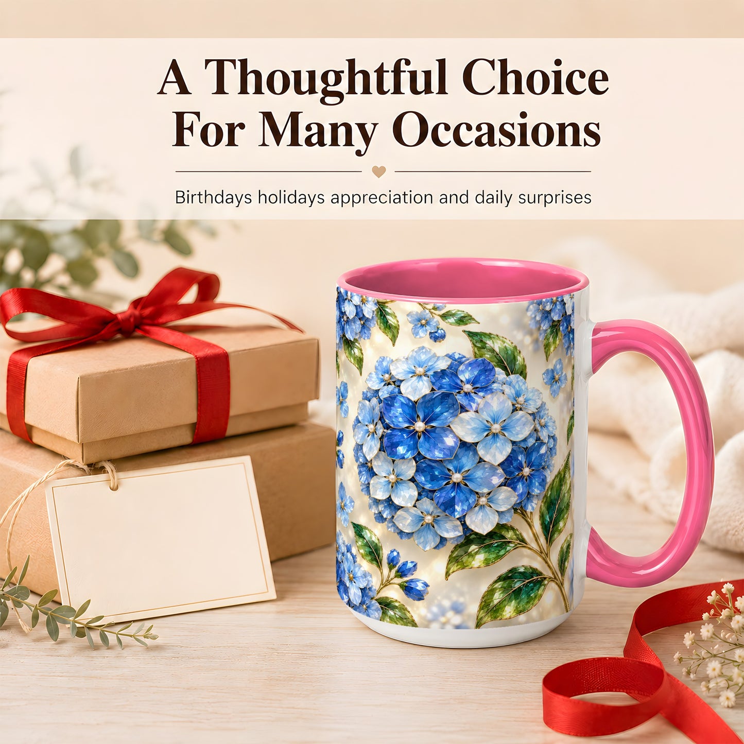 #pl[15oz|Pink] Jeweled Blue Hydrangea Coffee Mug, Floral Art Mug, Ceramic Cup