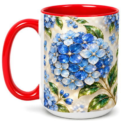 #pl[15oz|Red] Jeweled Blue Hydrangea Coffee Mug, Floral Art Mug, Ceramic Cup