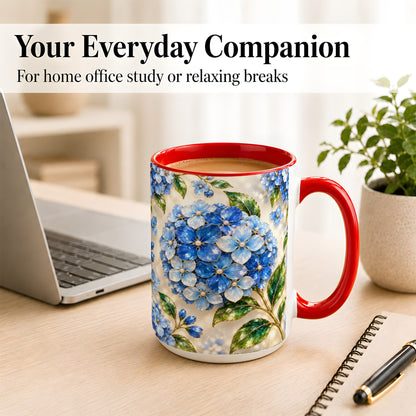 #pl[15oz|Red] Jeweled Blue Hydrangea Coffee Mug, Floral Art Mug, Ceramic Cup
