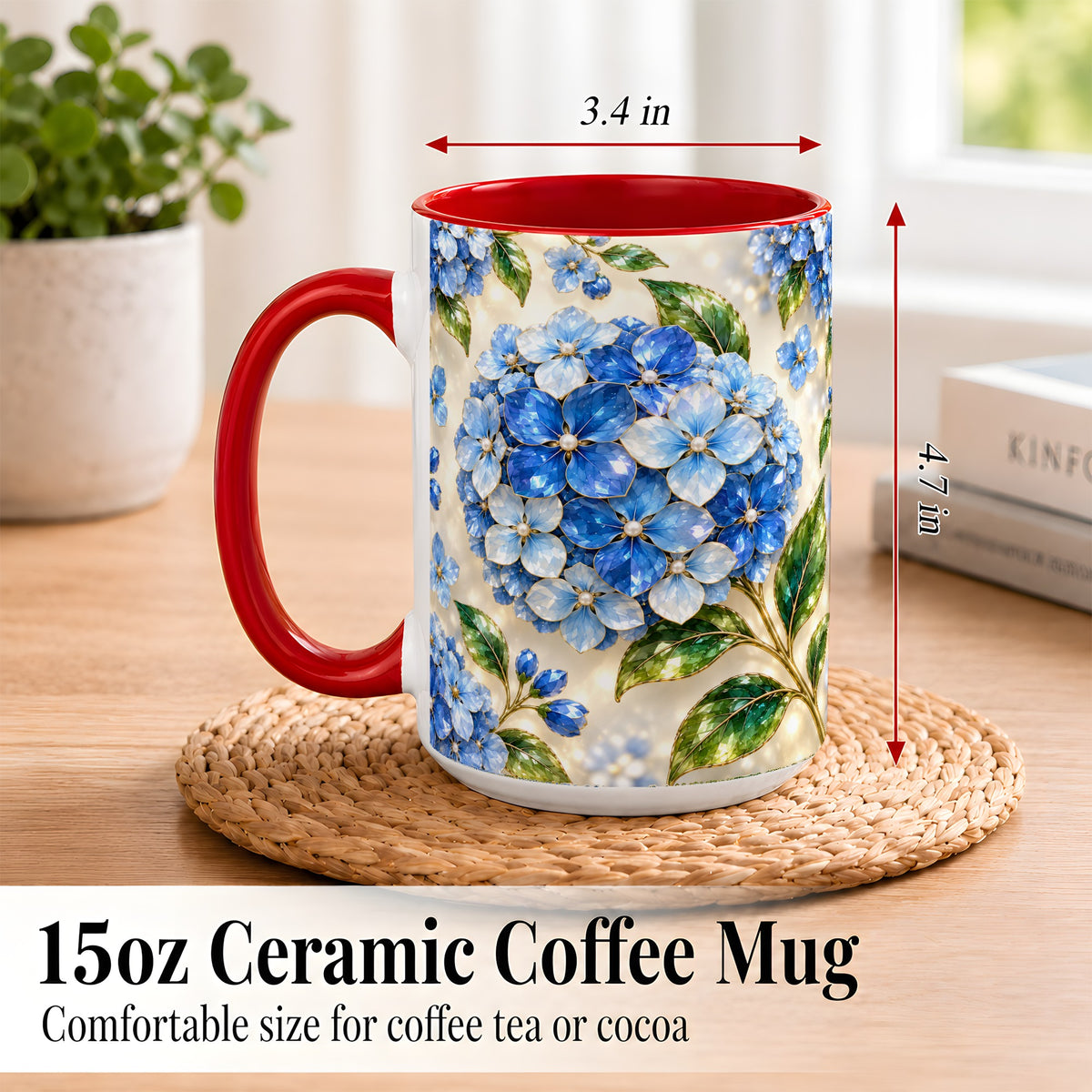 #pl[15oz|Red] Jeweled Blue Hydrangea Coffee Mug, Floral Art Mug, Ceramic Cup