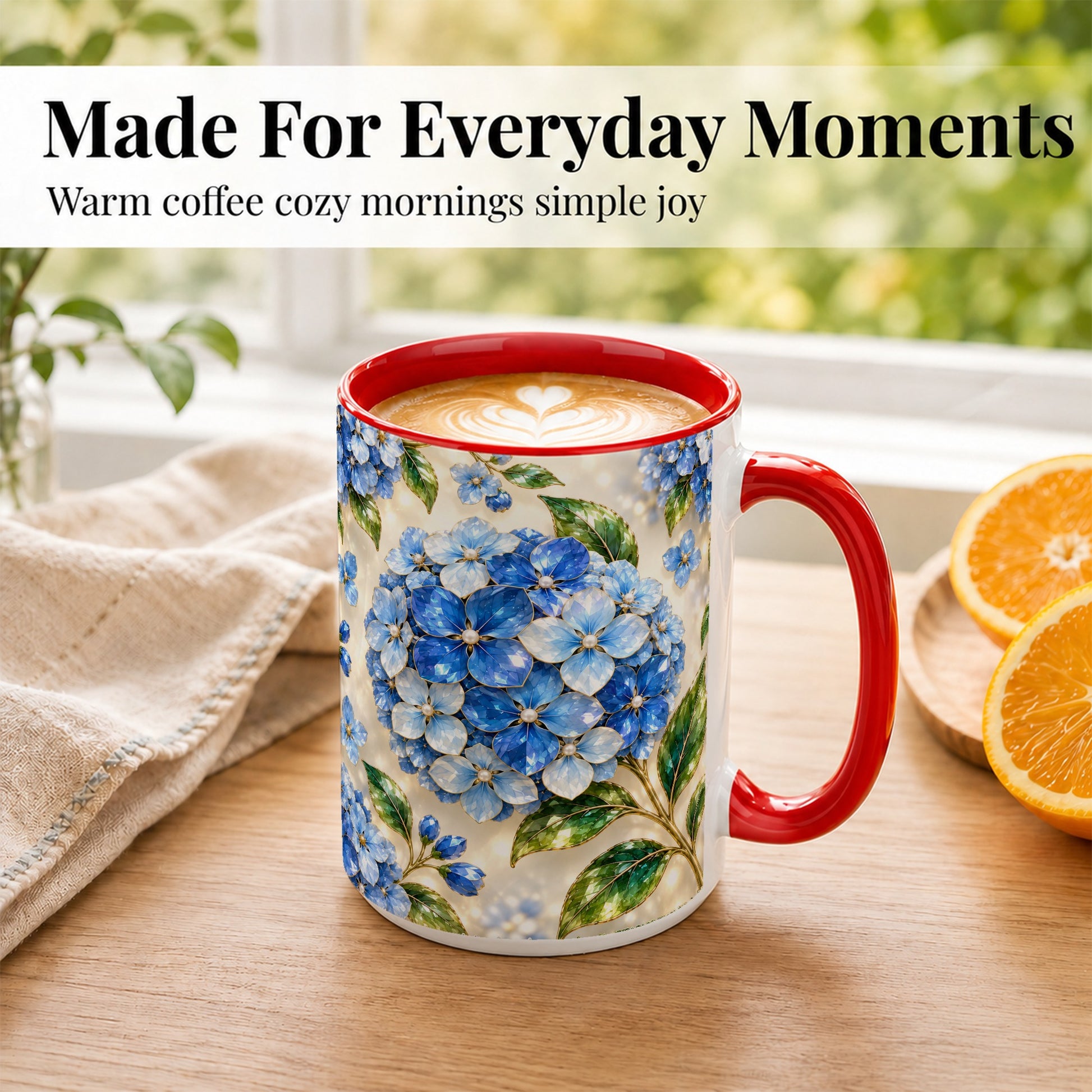 #pl[15oz|Red] Jeweled Blue Hydrangea Coffee Mug, Floral Art Mug, Ceramic Cup