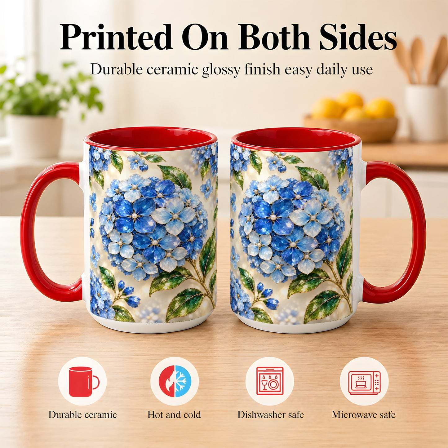 #pl[15oz|Red] Jeweled Blue Hydrangea Coffee Mug, Floral Art Mug, Ceramic Cup