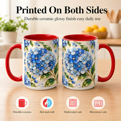 #pl[15oz|Red] Jeweled Blue Hydrangea Coffee Mug, Floral Art Mug, Ceramic Cup