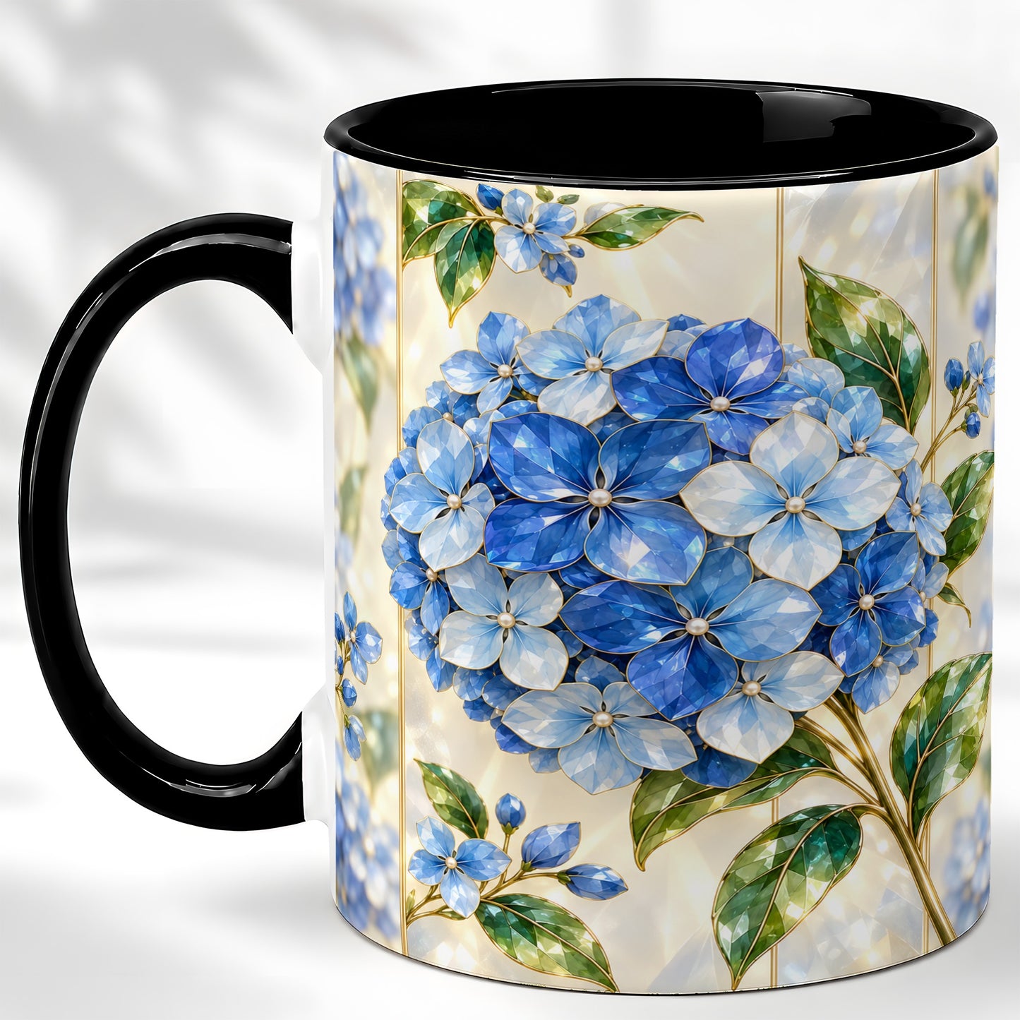 #pl[11oz|Black] Faceted Blue Hydrangea Coffee Mug, Floral Art Mug, Ceramic Cup