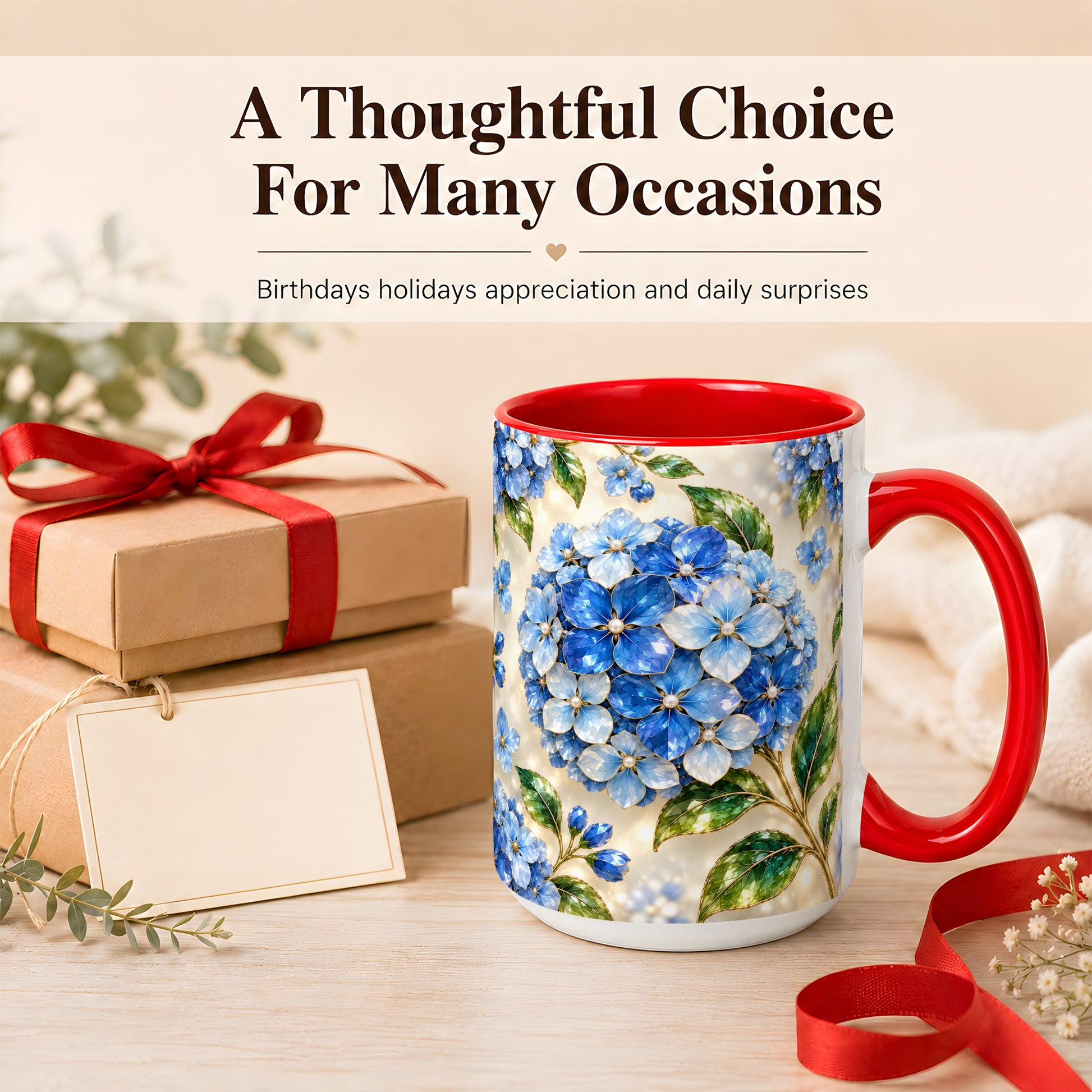 #pl[15oz|Red] Jeweled Blue Hydrangea Coffee Mug, Floral Art Mug, Ceramic Cup